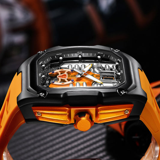 Men’s Three-Dimensional Hollow Quartz Watch with Transparent Back
