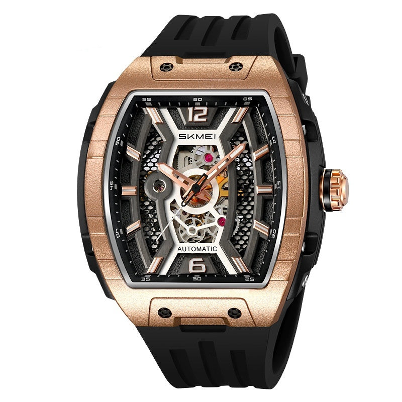 Men's wine barrel style automatic watch with luminous dial and waterproof design