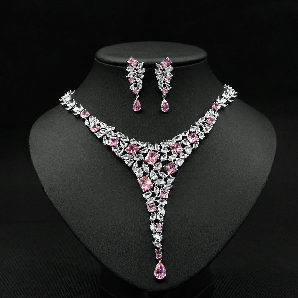 Elegant Bridal Jewelry Set – Zircon Necklace & Stud Earrings for Wedding Dress Accessories