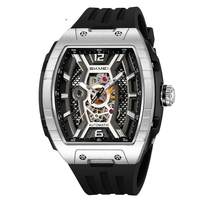 Men's wine barrel style automatic watch with luminous dial and waterproof design