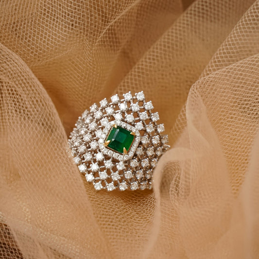 Personalized French-inspired ring with diamond inlay set in S925 sterling silver, featuring a green gemstone centerpiece.