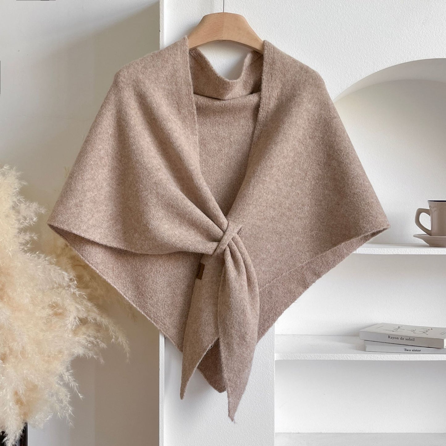 Women's winter knit triangle shawl – soft, thick, solid color Korean style wrap
