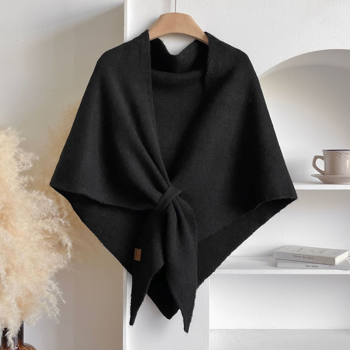 Women's winter knit triangle shawl – soft, thick, solid color Korean style wrap