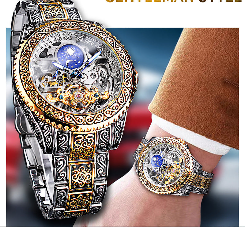 Forsining Men's Luxury Tourbillon Watch – Skeleton Design with Carved Mechanical Movement