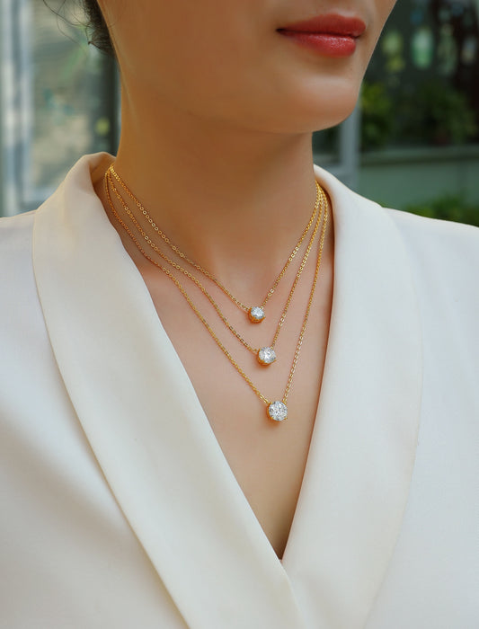 Model wearing 3‑carat morganite gold‑plated pendant necklace