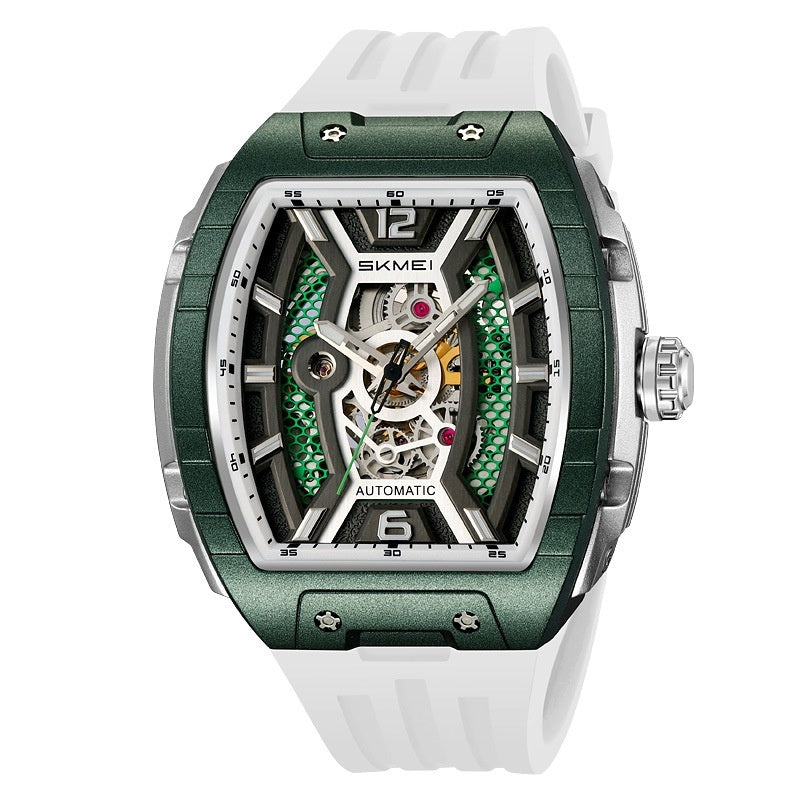 Men's wine barrel style automatic watch with luminous dial and waterproof design