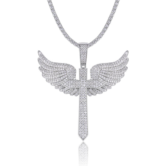 Elegant Angel Wings necklace pendant with top-quality Moissanite, S925 silver, and platinum plating