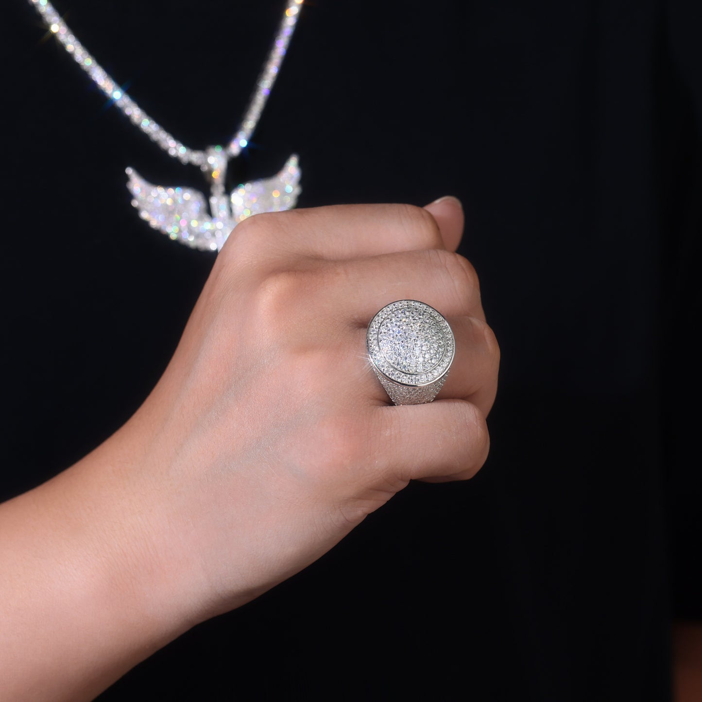 Stylish men’s moissanite ring paired with urban fashion