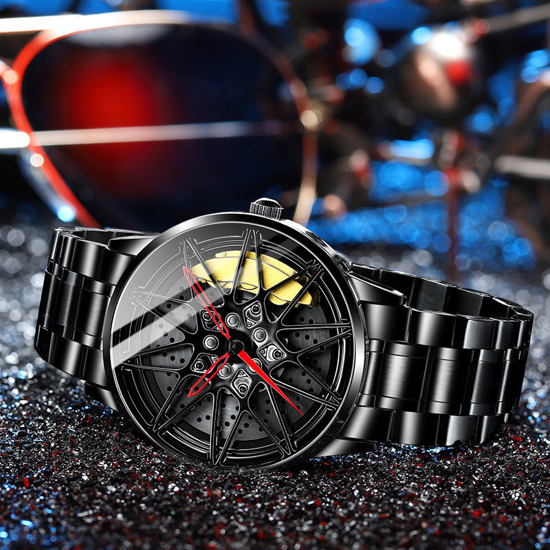 Close-up of men’s wheel dial watch with 3D hollow electronic display