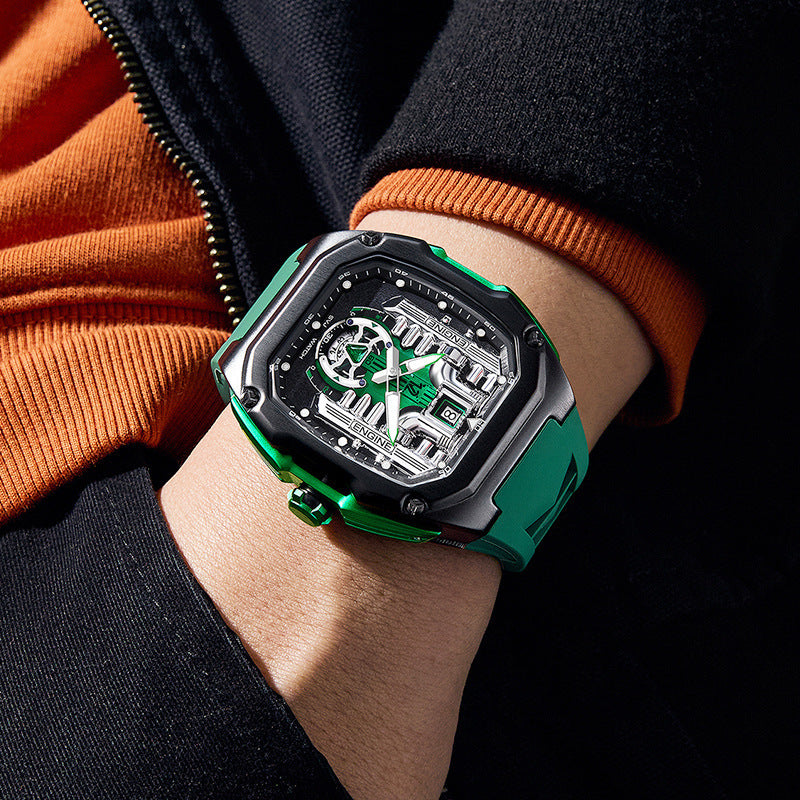 Men’s Three-Dimensional Hollow Quartz Watch with Transparent Back