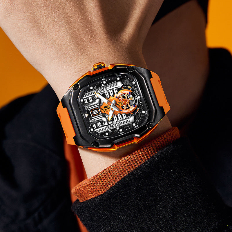 Men’s Three-Dimensional Hollow Quartz Watch with Transparent Back