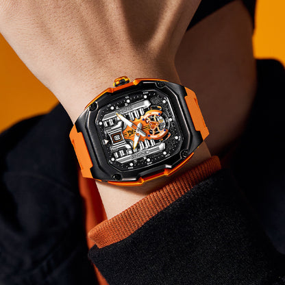 Men’s Three-Dimensional Hollow Quartz Watch with Transparent Back