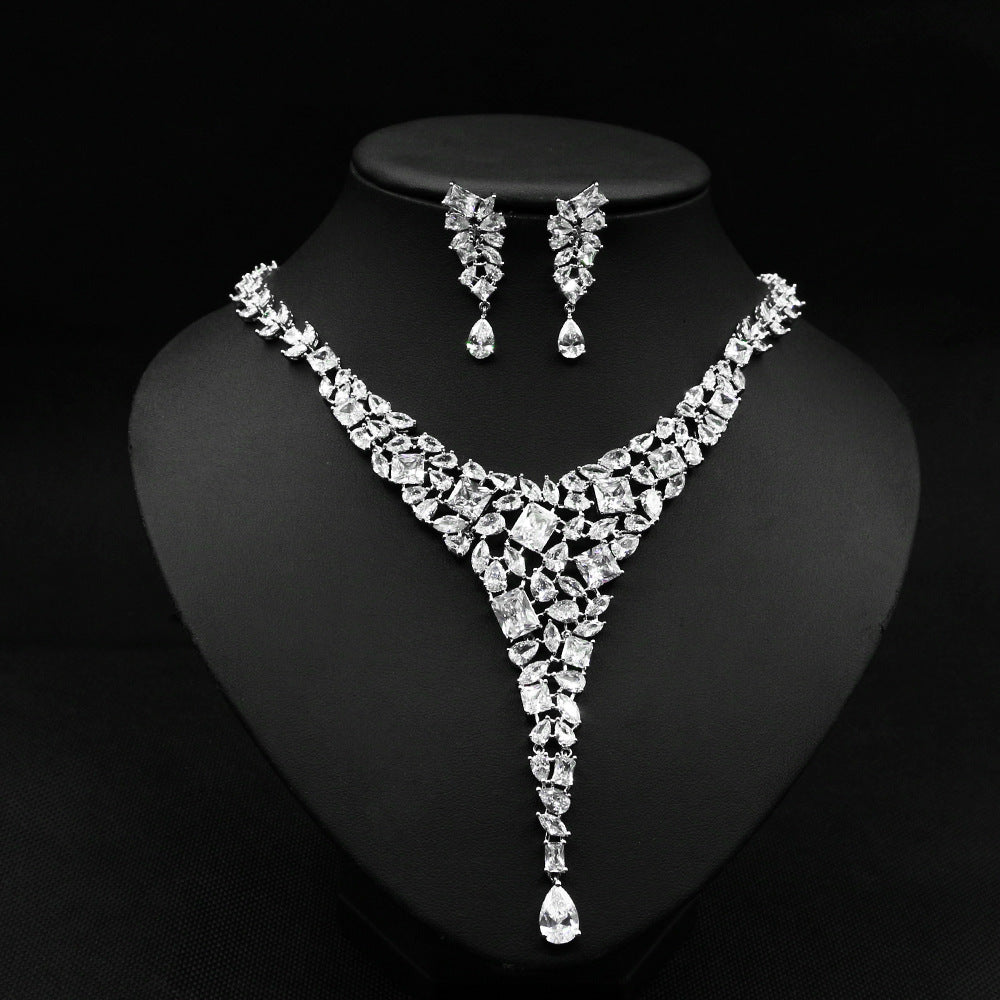 Elegant Bridal Jewelry Set – Zircon Necklace & Stud Earrings for Wedding Dress Accessories