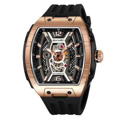Men's wine barrel style automatic watch with luminous dial and waterproof design