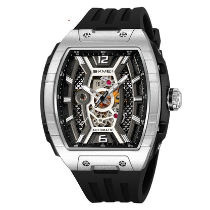 Men's wine barrel style automatic watch with luminous dial and waterproof design