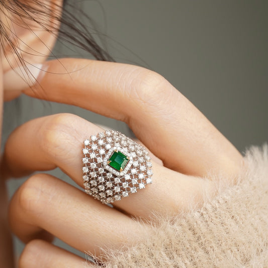 Close-up of a hand wearing a personalized French-inspired ring with diamond inlay in S925 sterling silver.