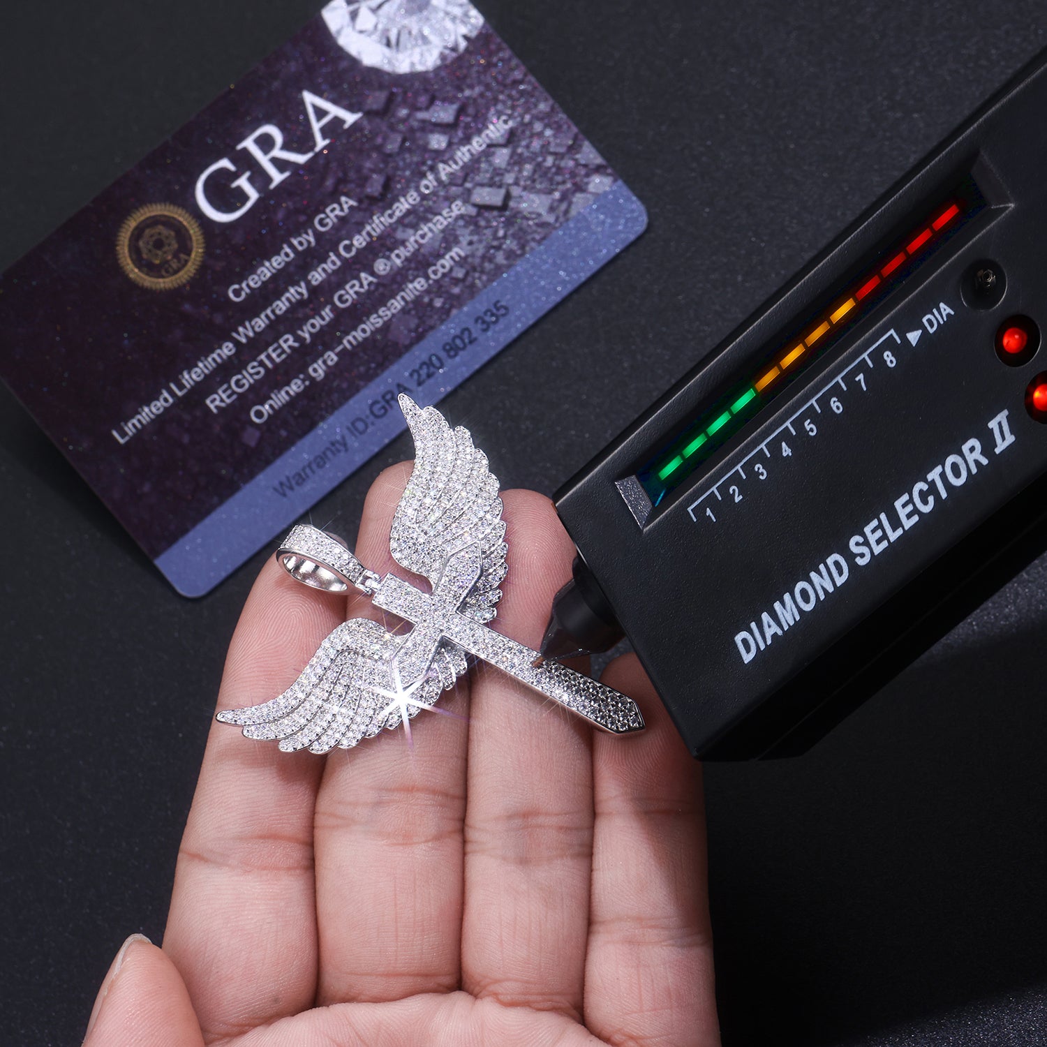 Elegant Angel Wings necklace pendant with top-quality Moissanite, S925 silver, and platinum plating