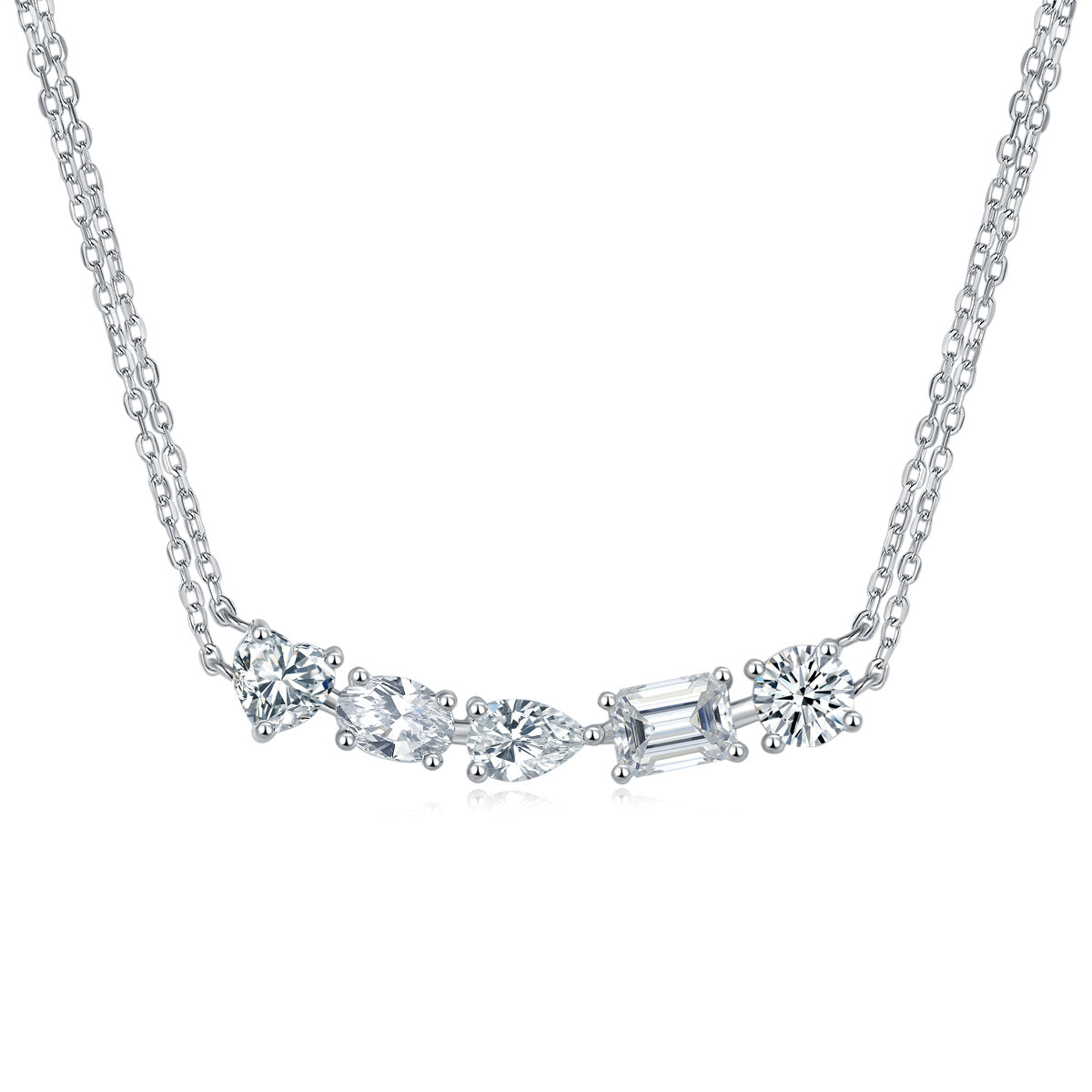 moissanite diamond pendant in sterling silver featuring multiple stone shapes on a delicate chain