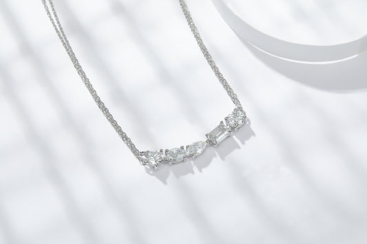 Moissanite diamond pendant in sterling silver showcasing brilliant stones on a delicate chain.