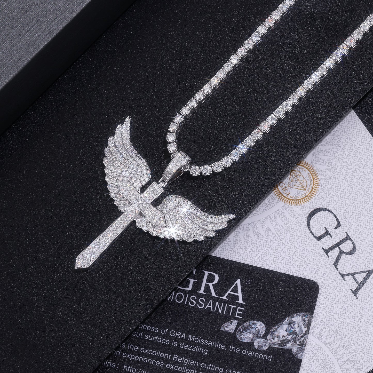 Elegant Angel Wings necklace pendant with top-quality Moissanite, S925 silver, and platinum plating