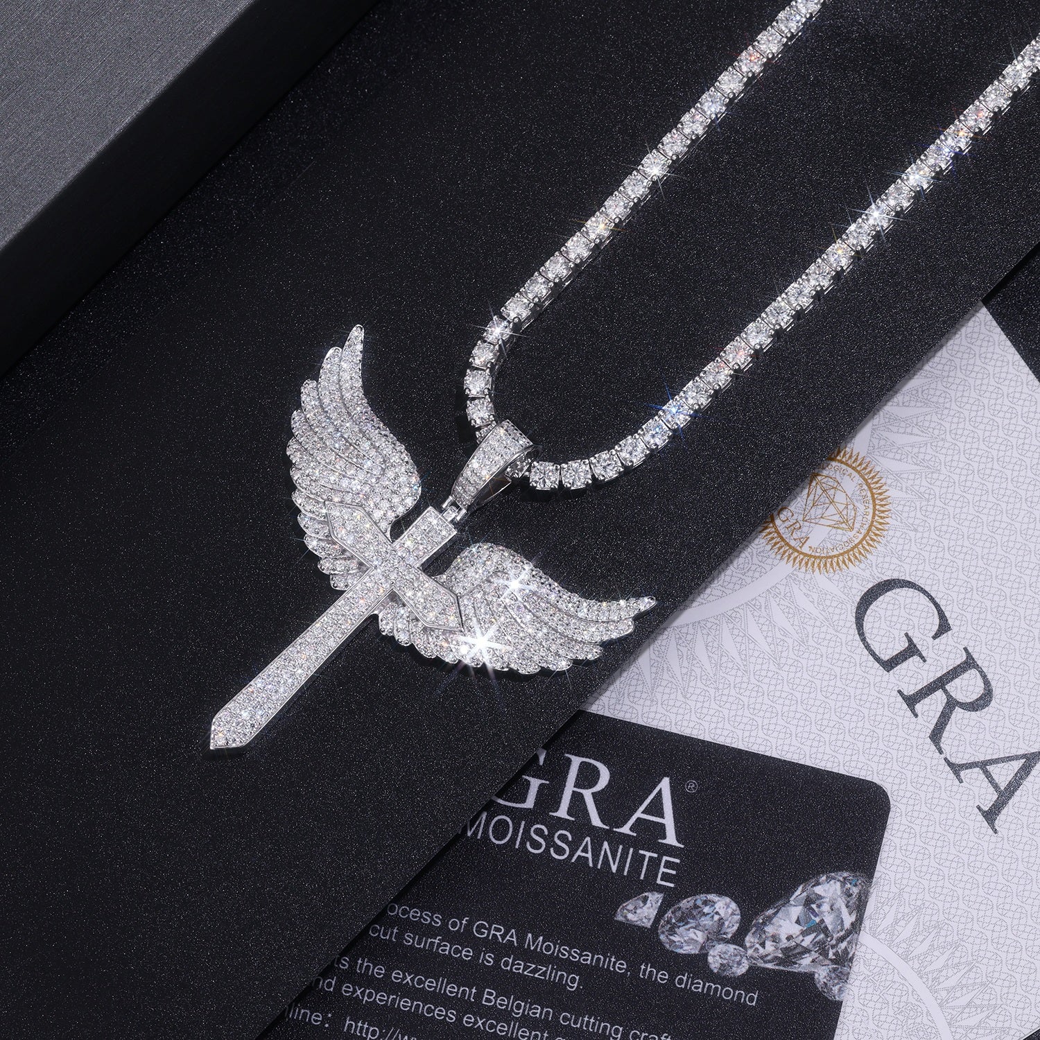 Elegant Angel Wings necklace pendant with top-quality Moissanite, S925 silver, and platinum plating
