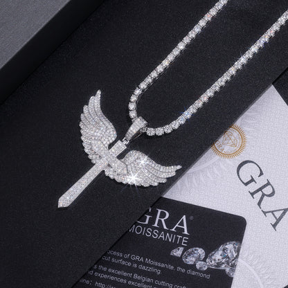 Elegant Angel Wings necklace pendant with top-quality Moissanite, S925 silver, and platinum plating