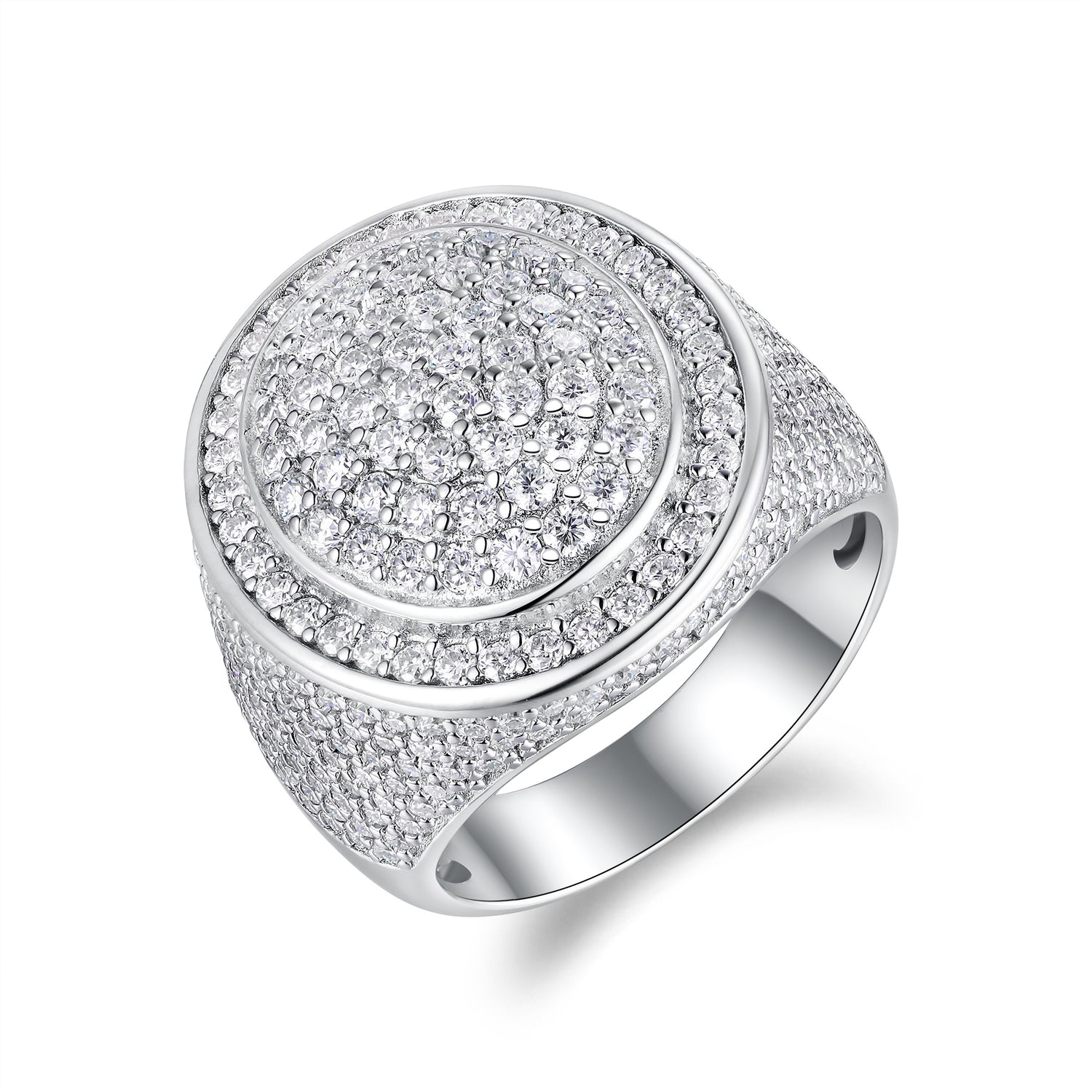 Close-up of moissanite hip‑hop ring showing gemstone brilliance