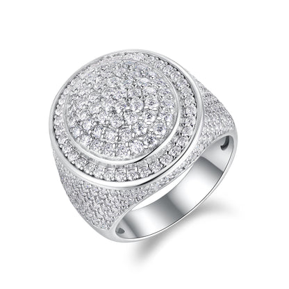 Close-up of moissanite hip‑hop ring showing gemstone brilliance