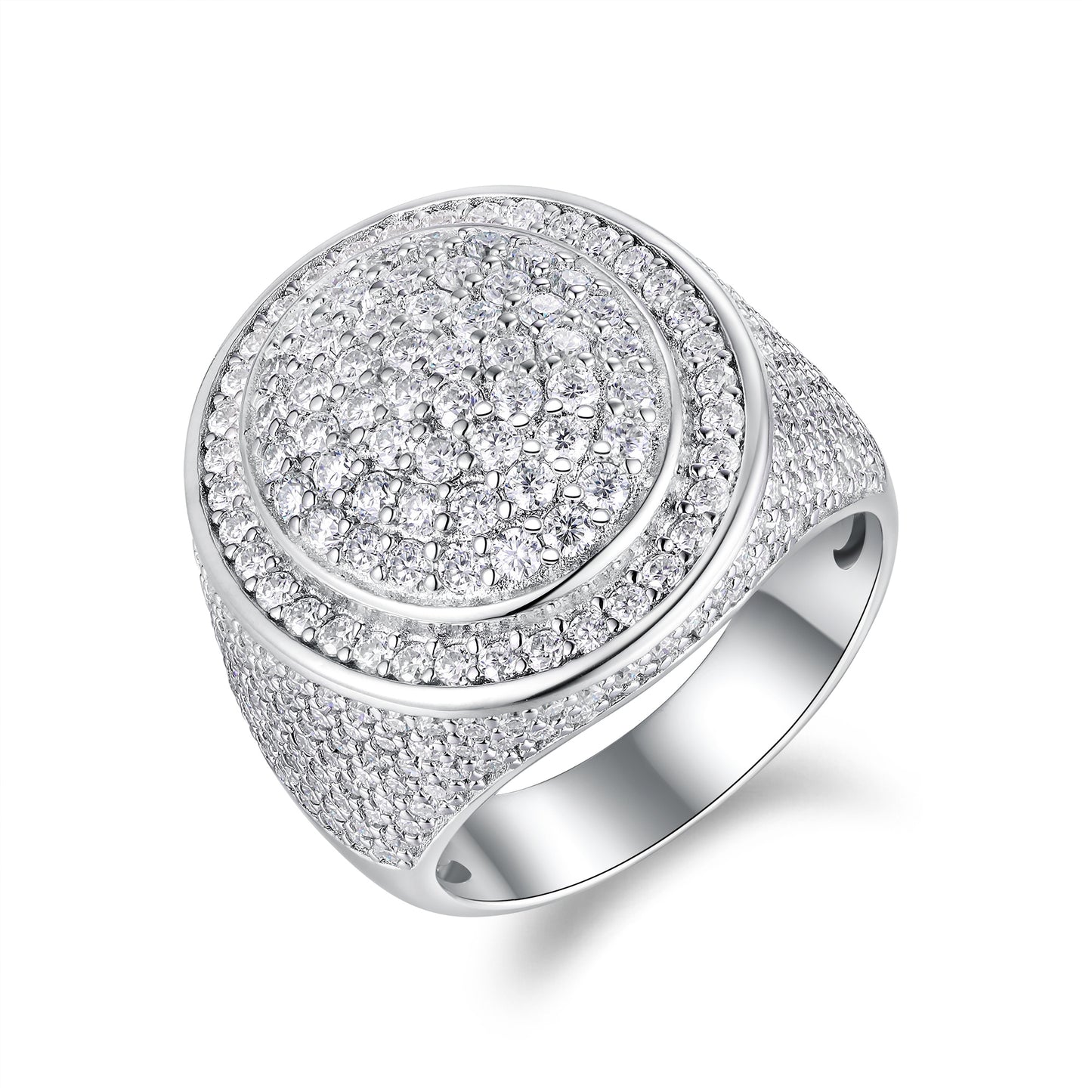 Moissanite hip-hop ring laid out on jewelry display surface