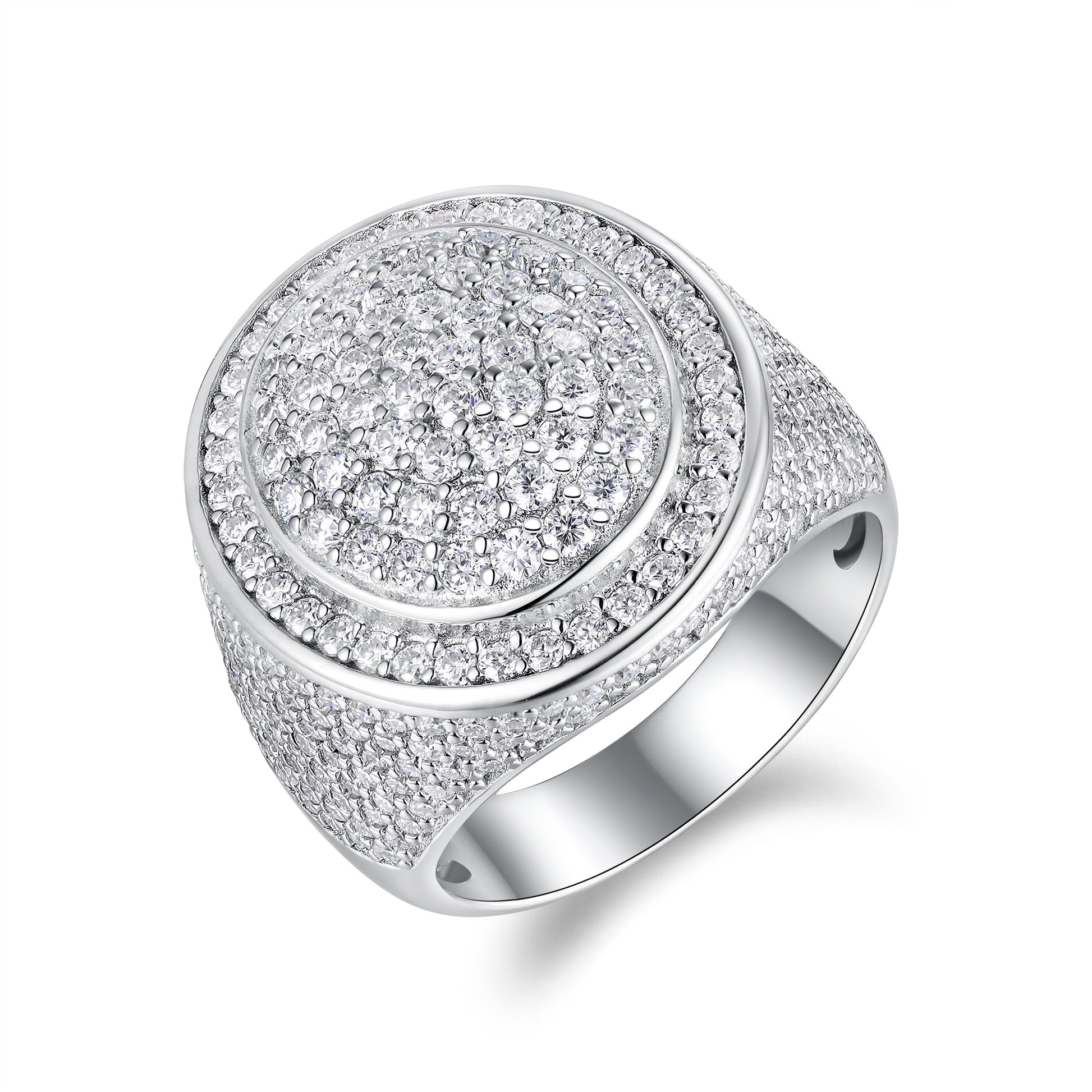 Moissanite hip-hop ring laid out on jewelry display surface