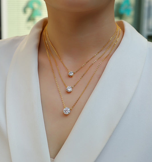 Model wearing 3‑carat morganite gold‑plated pendant necklace