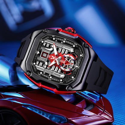 Men’s Three-Dimensional Hollow Quartz Watch with Transparent Back